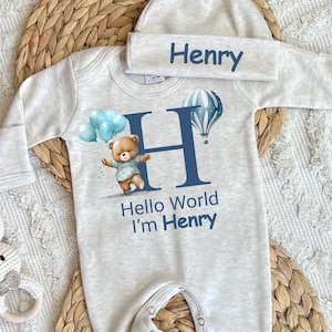 Baby boy coming home outfit, personalized baby romper hat set, newborn baby hospital outfit, hello world custom name, baby shower gift