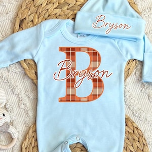 Newborn boy outfit, coming home outfit, baby romper hat set, personalized hospital outfit, custom name monogram, baby shower gift, sleeper