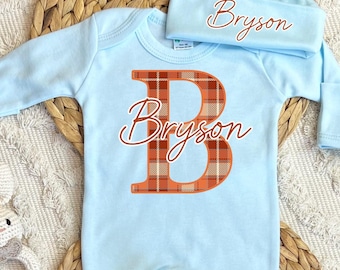 Newborn boy outfit, coming home outfit, baby romper hat set, personalized hospital outfit, custom name monogram, baby shower gift, sleeper