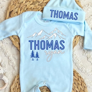Baby boy coming home outfit, Personalized newborn hospital outfit, custom name outfit, baby boy romper hat set, boy baby shower gift, blue