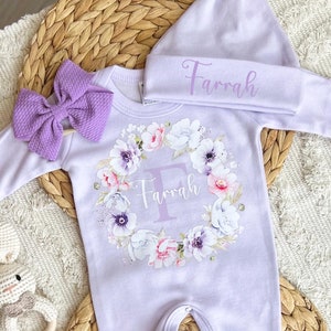 Personalized baby girl coming home outfit, baby romper hat set, newborn baby hospital outfit for girl, custom name outfit, baby shower gift