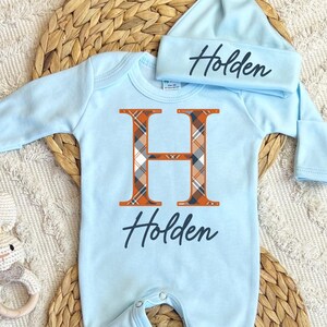 Personalized baby boy coming home outfit, romper hat set, newborn baby hospital outfit, baby custom name outfit, baby shower gift, plaid
