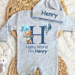Personalized baby boy coming home outfit, romper hat set, newborn baby hospital outfit, hello world custom name outfit, baby shower gift