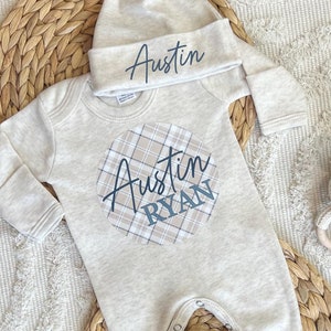 Personalized baby boy coming home outfit, baby romper hat set, newborn baby hospital outfit for boy, custom name outfit, baby shower gift