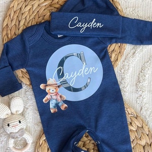 Newborn boy coming home outfit, baby romper hat set, personalized hospital outfit for boy, custom name outfit, baby shower, baby boy sleeper