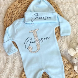 Newborn boy coming home outfit, baby romper hat set, personalized hospital outfit, custom name outfit, baby shower, sleeper, blue plaid