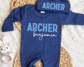 Personalized baby boy outfit, coming home outfit, gift for baby boy, newborn hospital outfit, custom name boy hat set, boy baby shower gift