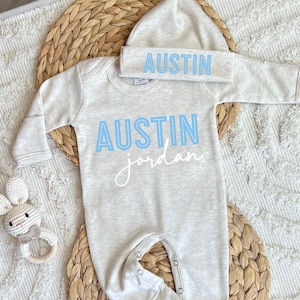 Newborn coming home outfit, personalized baby boy outfit, gift for baby boy, hospital outfit, custom name romper & hat, boy baby shower gift
