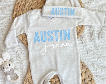 Newborn coming home outfit, personalized baby boy outfit, gift for baby boy, hospital outfit, custom name romper & hat, boy baby shower gift