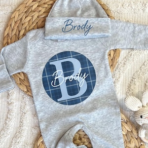 Conjunto de mameluco y gorro para recién nacido, conjunto de hospital personalizado para niño, conjunto con nombre personalizado, regalo de baby shower, cuadros