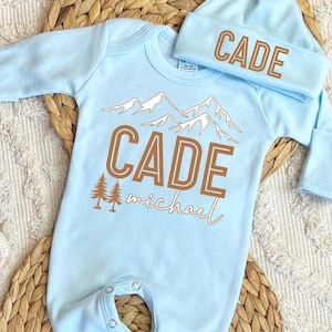 Baby boy coming home outfit, Personalized newborn hospital outfit, custom name outfit, baby boy romper hat, boy baby shower gift, blue tan