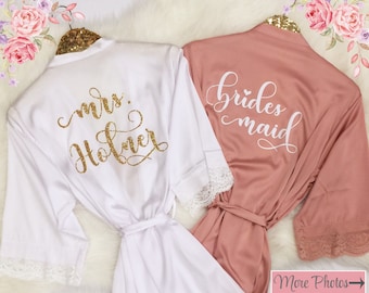 Bridesmaid Robes, Bridesmaid Gifts, Bridal Party Robes, Lace Wedding Robes, Getting Ready Robe, Bride Robe Satin, Bride Gift