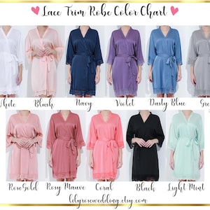 May include: Colour chart displaying ten different colours of satin robes with lace trim. The colours are white, blush, navy, violet, dusty blue, grey, rose gold, rosy mauve, coral, black, and light mint.