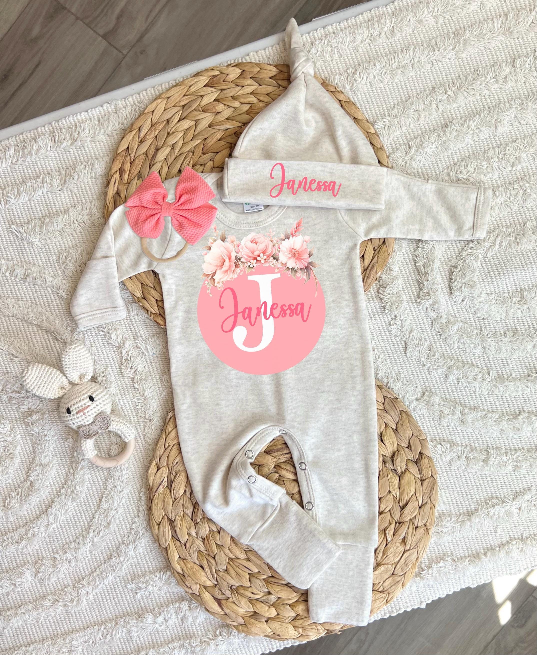 Custom baby girl outfit, baby hospital coming home outfit, romper hat set, personalized baby custom name outfit, baby shower gift, sleeper
