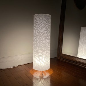 Paper Floor Lamp, Heavy Embossed WHITE Mulberry paper, 56 cm Tall x 20cm diameter, Cylinder Art, White Leaves