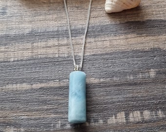 Aquamarine pendant with .925 sterling silver chain, Aquamarine tube pendant, Aquamarine necklace