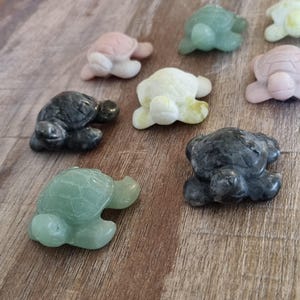 May include: A selection of small, carved turtle figurines in various colours, including green, pink, white, and black. The turtles are displayed on a wooden surface, showcasing their detailed craftsmanship.