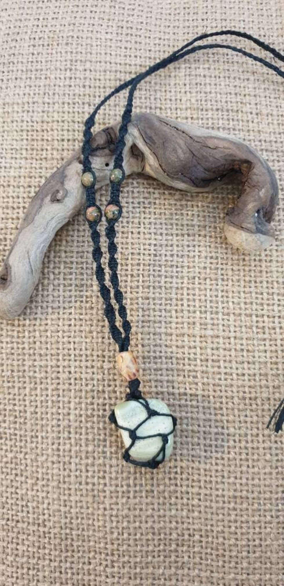 Butter Jade Necklace, Crystal Necklace, Hemp Macrame Necklace, Crystal