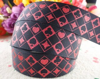Hearts, Spades, Clubs and Diamonds Grosgrain 7/8" Printed Ribbon