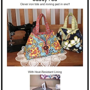 May include: Two colorful fabric totes with heat-resistant lining. The totes are designed to hold an iron and ironing board. The text "Caddy Pad" and "Clever iron tote and ironing pad in one!!" is visible in the image.