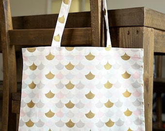 Pink and Gold Mermaid Scales Tote Bag - Eco Shopping Bag - Book Bag