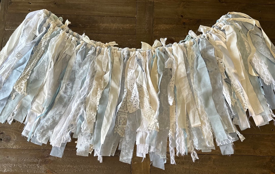Pale Blue and Silver Rag Tie Bunting - Vintage Lace and Material - Boho ...