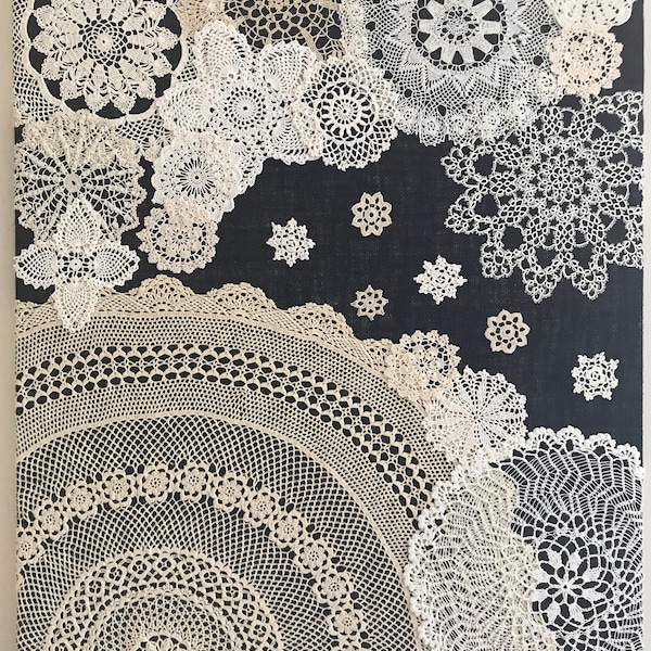 Doily Art Wall Hanging - "Snowy Night" - Vintage Doilies on Burlap - Unique Artwork