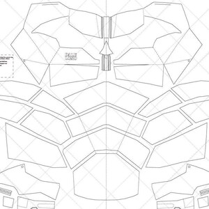 May include: A printable papercraft template for a 3D model of a superhero's chest armor. The template features a detailed design with multiple sections and lines for folding and assembling.