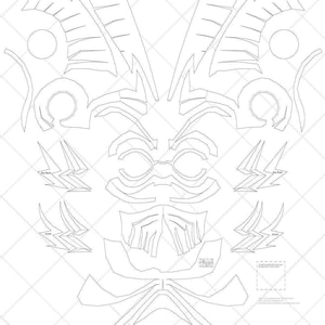 May include: A printable papercraft mask template featuring a detailed design with intricate lines and shapes. The mask is designed to be cut out and assembled, creating a three-dimensional effect.
