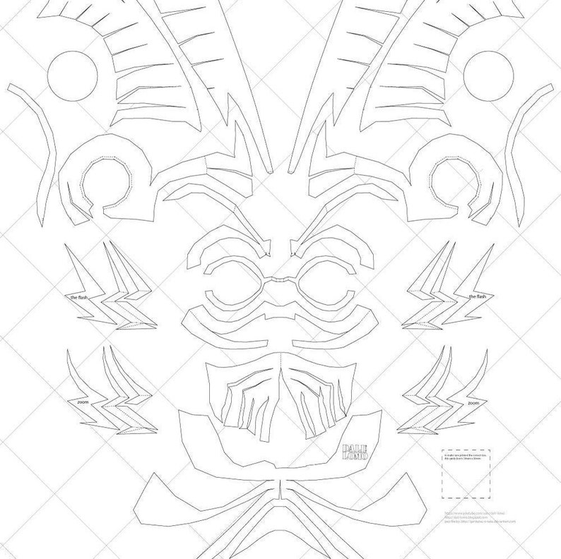 May include: A printable papercraft mask template featuring a detailed design with intricate lines and shapes. The mask is designed to be cut out and assembled, creating a three-dimensional effect.