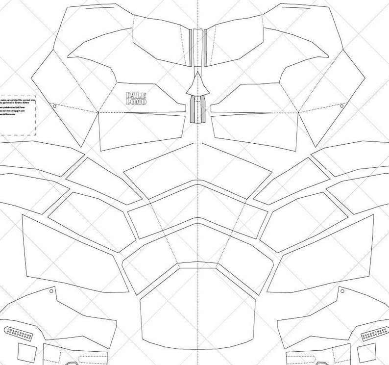 May include: A printable papercraft template for a 3D model of a superhero's chest armor. The template features a detailed design with multiple sections and lines for folding and assembling.