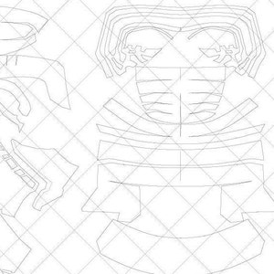May include: A black and white line drawing of a helmet with a visor. The helmet is designed to be cut out and assembled.