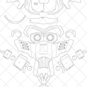 May include: A printable papercraft template for a Star-Lord helmet from the Guardians of the Galaxy movie. The template includes instructions for assembling the helmet, which is made of paper and cardboard.