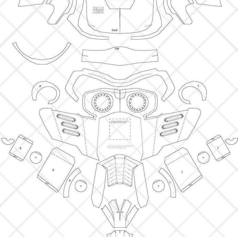 May include: A printable papercraft template for a Star-Lord helmet from the Guardians of the Galaxy movie. The template includes instructions for assembling the helmet, which is made of paper and cardboard.