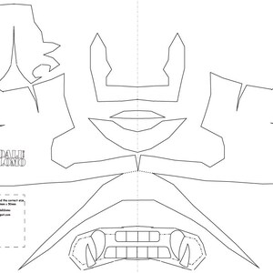 May include: A printable template for a papercraft mask. The mask is designed to look like a monster with sharp teeth and a large, open mouth. The template includes instructions to make sure the printed size is correct.