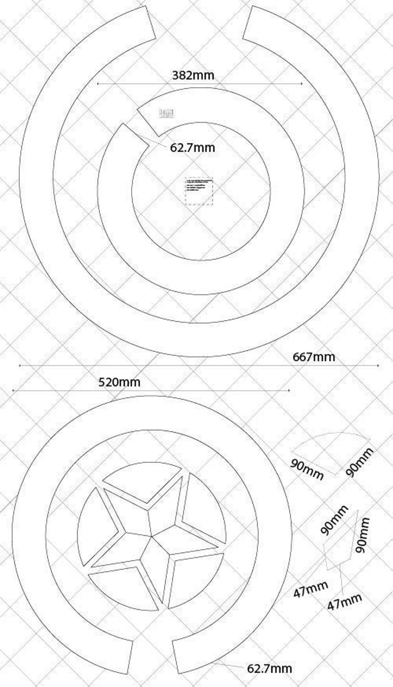 May include: A black and white line drawing of a Captain America shield with measurements in inches. The shield is made up of concentric circles with a five-pointed star in the center.