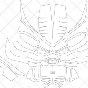 May include: A black and white line drawing of a robot head with a detailed design. The robot head has a large, square jaw and a series of lines and curves that create a futuristic look.