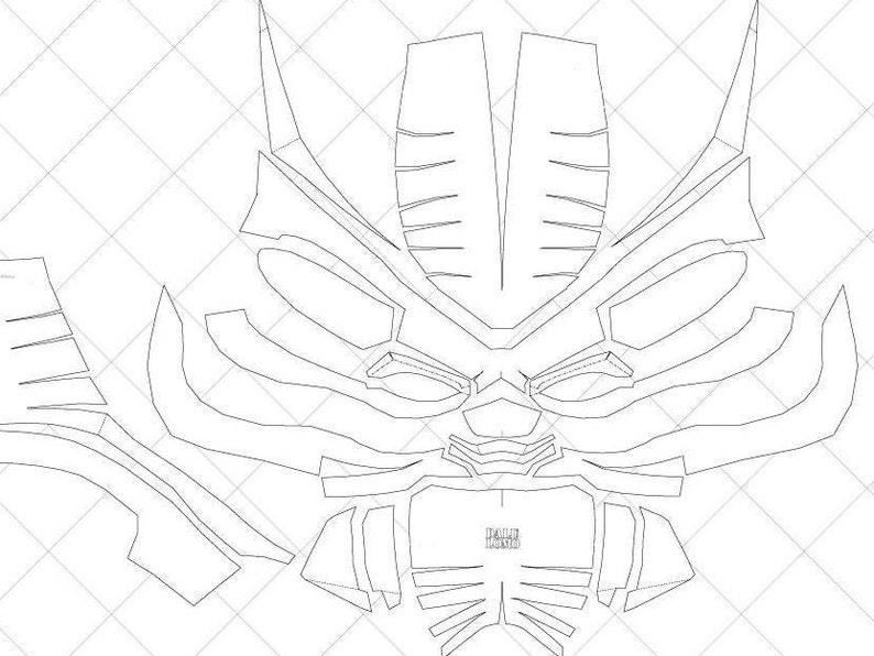 May include: A black and white line drawing of a robot head with a detailed design. The robot head has a large, square jaw and a series of lines and curves that create a futuristic look.