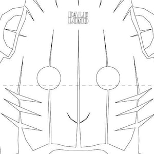 Peut inclure: Un dessin au trait noir et blanc d'un masque avec deux grands cercles pour les yeux et un menton pointu. Le masque a un design g&eacute;om&eacute;trique avec des angles et des lignes ac&eacute;r&eacute;s.