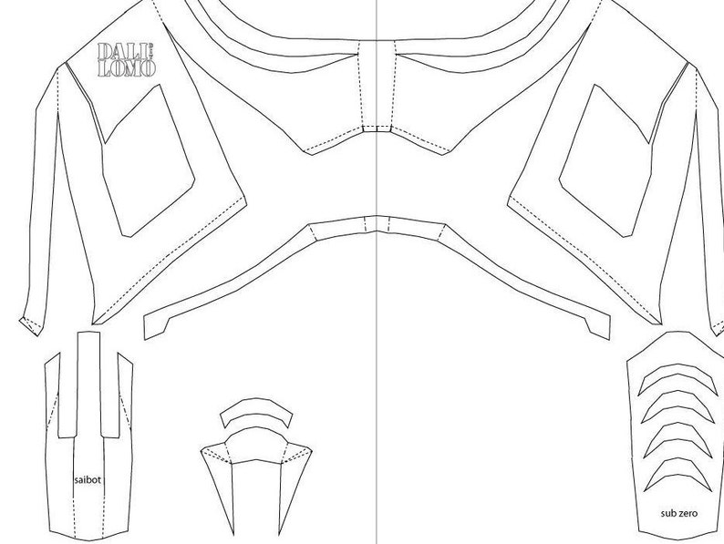 May include: A black and white line drawing of a character from a video game. The character is wearing a suit of armor and has a helmet with a visor. The drawing is labeled "Sub Zero" and "Sai-bot".