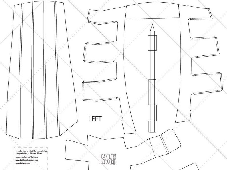 May include: A printable papercraft template for a pencil holder. The template includes instructions to print the guide box to the correct size, 150mm x 90mm. The template includes the text "DALE LOMO" and "LEFT".