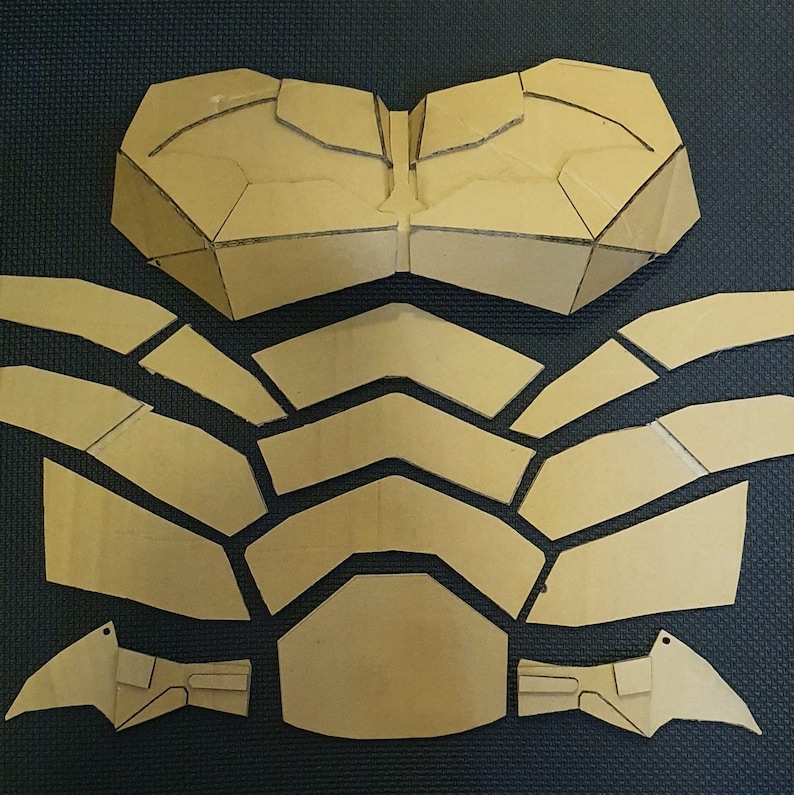 May include: A set of cardboard pieces for crafting a costume. The pieces are shaped like a chest plate and a pair of wings.