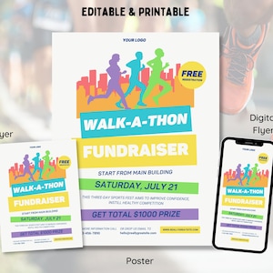 EDITABLE Walk-a-thon Fundraiser Bundle | Includes Poster, Flyer, and Digital Flyer