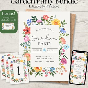 EDITABLE Garden Party Invitation Bundle | Includes Invitation, Digital Invitation, Table Numbers & BONUS Place Cards or Food Labels