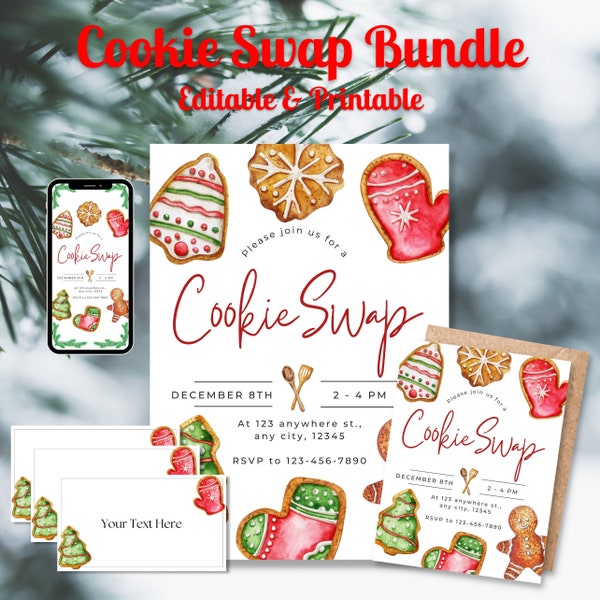 PRINTABLE AND EDITABLE Christmas Cookie Swap Bundle | Includes Invitation, Virtual Invitation, Food Tags, and Flyer