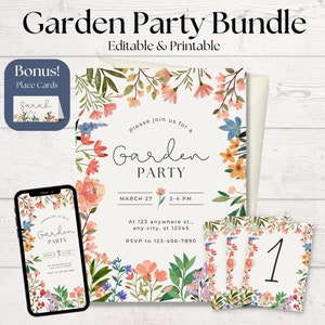 Paquete / invitación editable de fiesta en el jardín de flores silvestres, invitación digital, números de mesa, tarjetas de lugar o letreros de mesa de buffet
