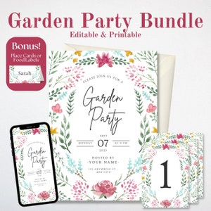 Paquete de invitación EDITABLE para fiesta en el jardín floral / Incluye invitación, invitación virtual, números de mesa, tarjetas de lugar BONIFICADAS