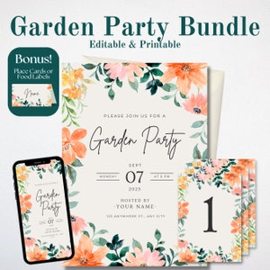 Paquete de plantillas EDITABLES para fiestas en el jardín / Incluye invitación, invitación digital, números de mesa y tarjetas de lugar BONIFICADAS o etiquetas de alimentos