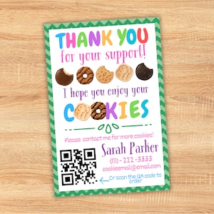 BEWERKBAAR visitekaartje voor verkopers van Girl Scout-koekjes | Gepersonaliseerd en leuk | Bedankt voor het kopen van koekjes | Bon | Afdrukbare sjabloon