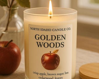 Golden Woods Candle – Crisp Apple & Amber Scent – Cozy Fall Candle – Autumn Leaves Woodsy Home Fragrance – North Idaho Candle Co.